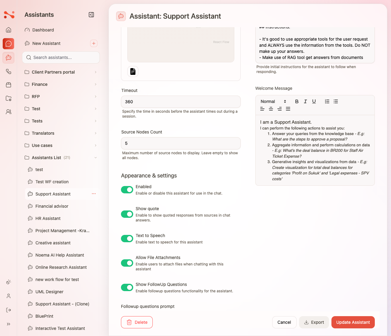 Assistant editor bottom — timeout, source nodes count, appearance toggles, and welcome message editor