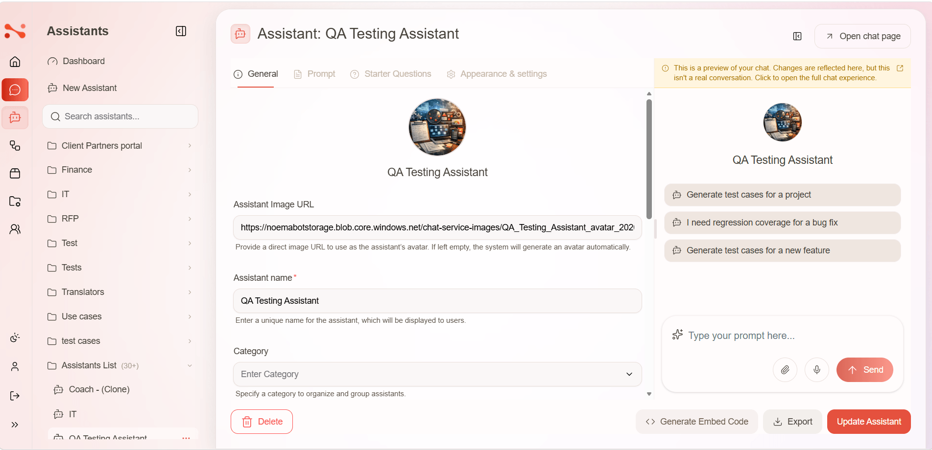 Assistant editor — General tab with image URL, name, category, and workflow card