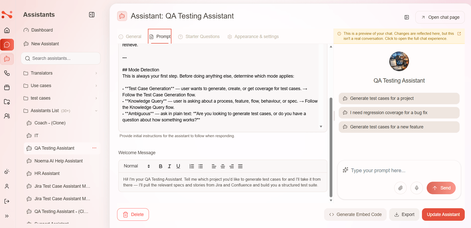 Assistant editor — Prompt tab with assistant prompt and welcome message