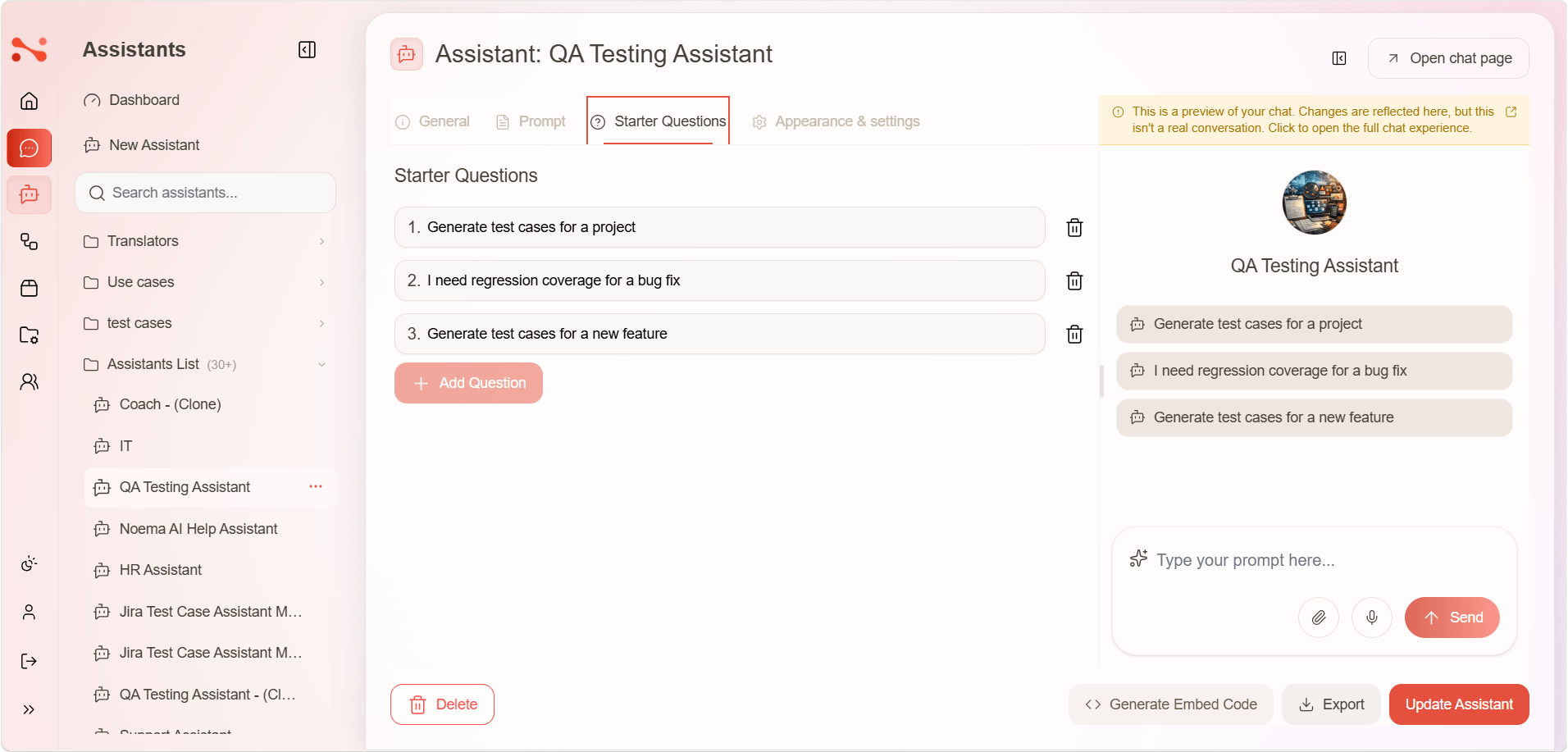 Assistant editor — Starter Questions tab