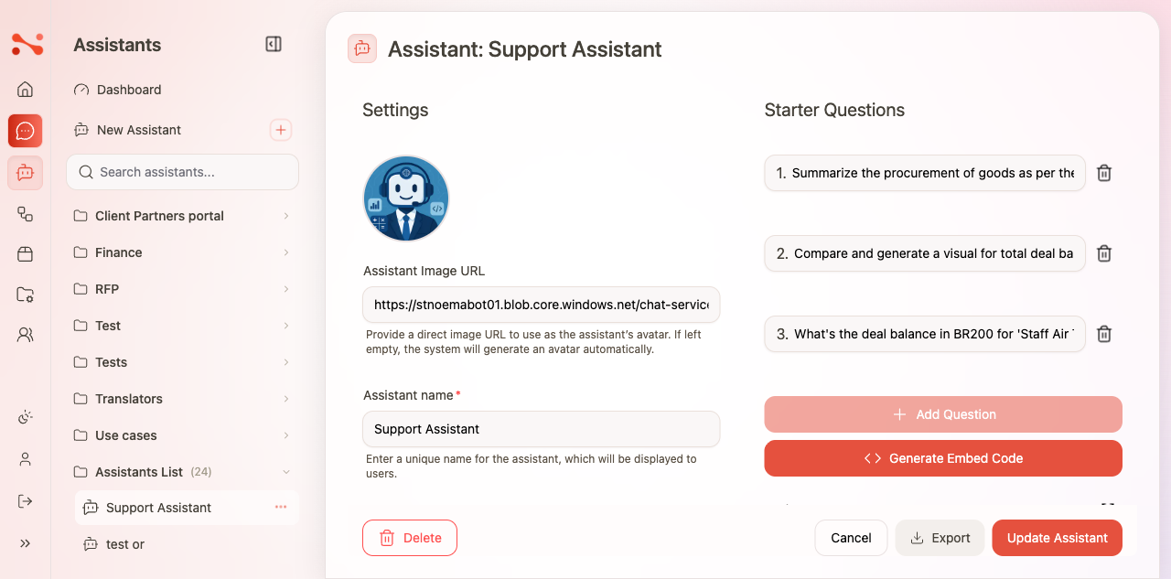 Assistant editor top — image URL, name, category, workflow card, starter questions, and assistant prompt
