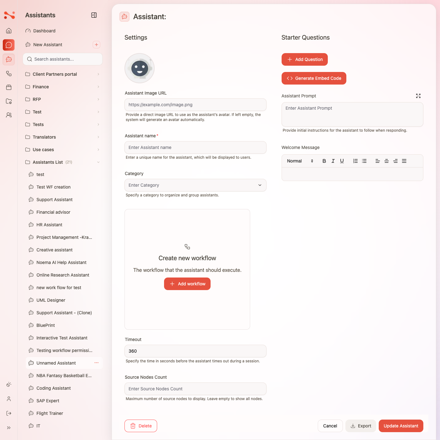 Assistant editor showing the 'Create new workflow' placeholder and Add workflow button
