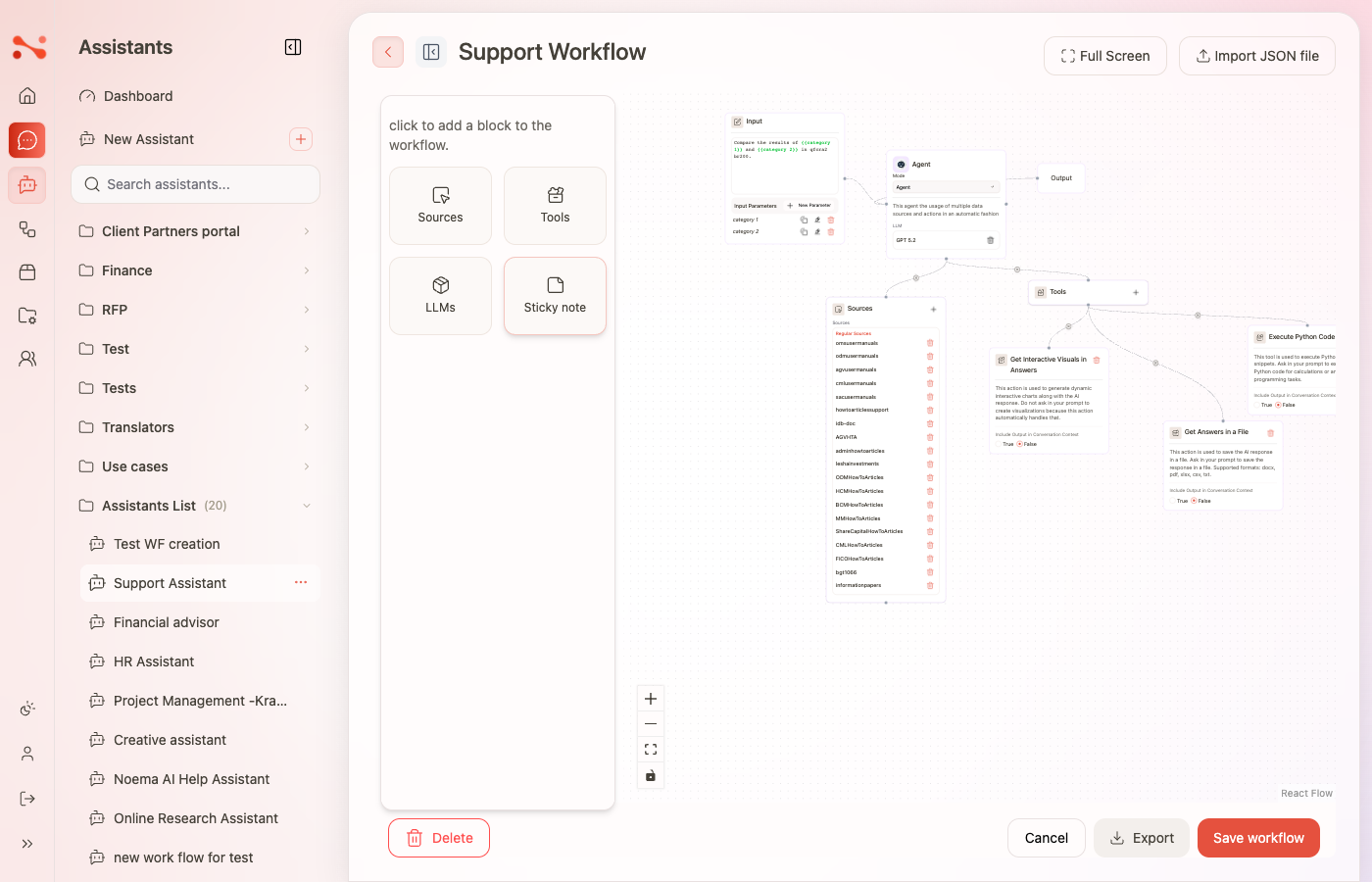 Embedded workflow editor showing Input, Agent, and Output fixed nodes on the canvas