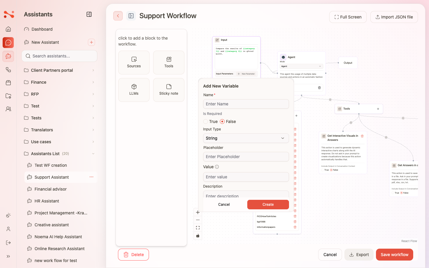 Add New Variable popup showing Name, Is Required, Input Type, Placeholder, Value, and Description fields