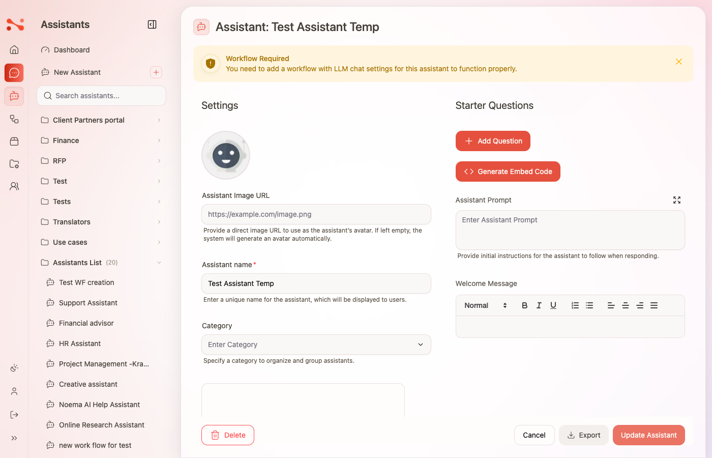 Workflow Required warning banner at the top of the assistant editor
