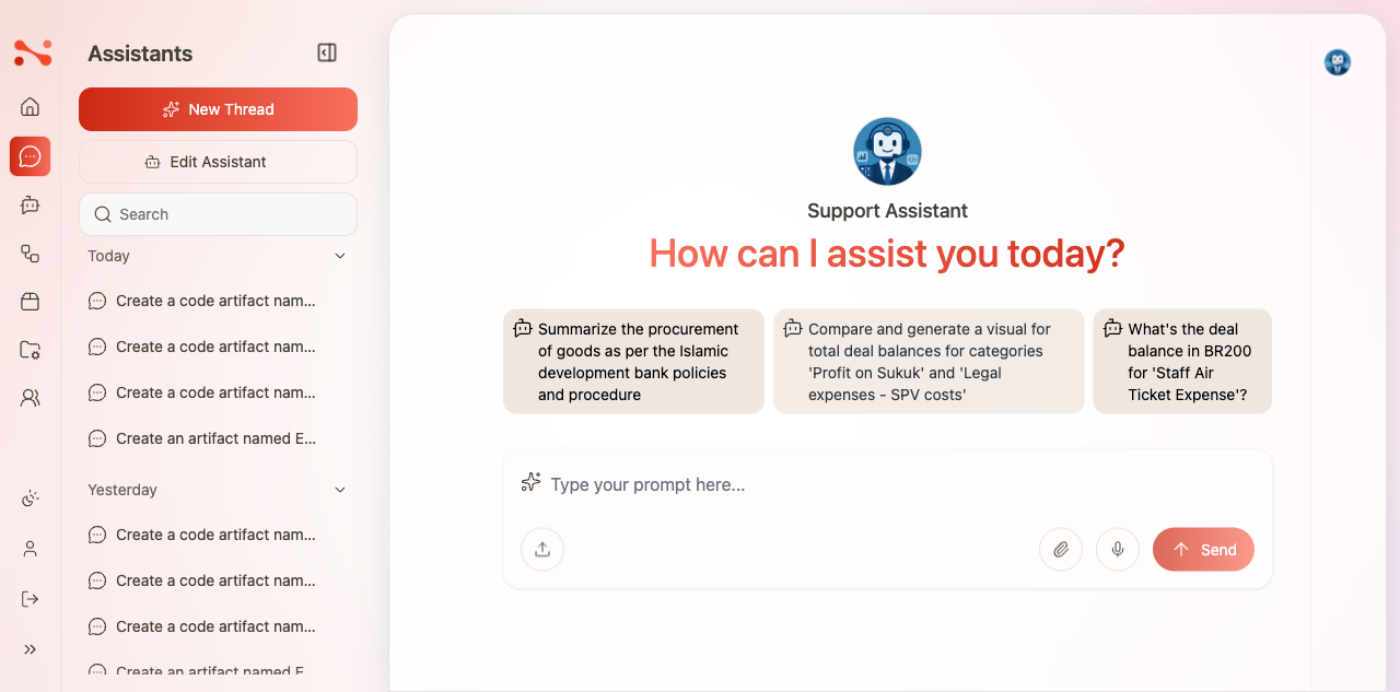 Chat empty state showing starter question chips and input bar