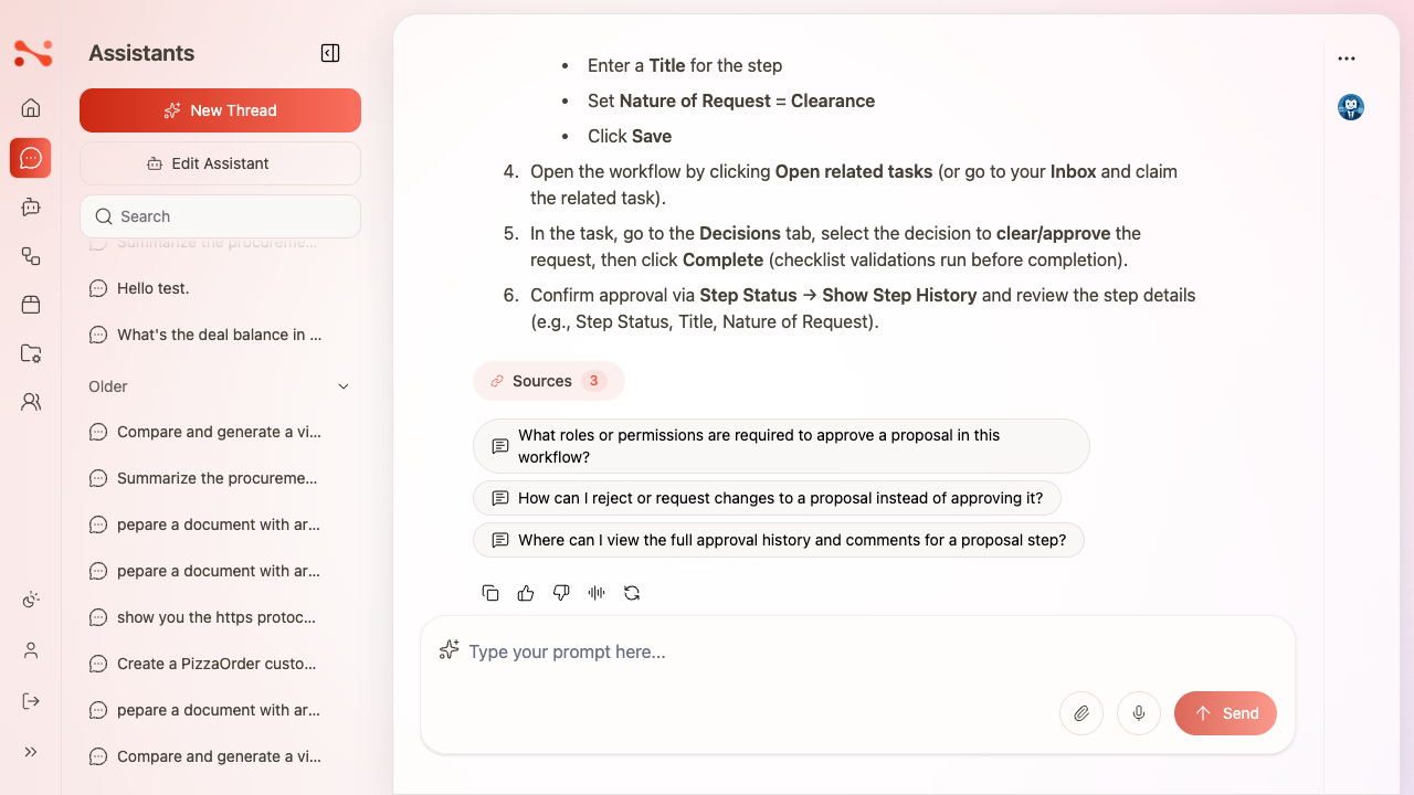 Assistant response with a Sources section and follow-up question chips