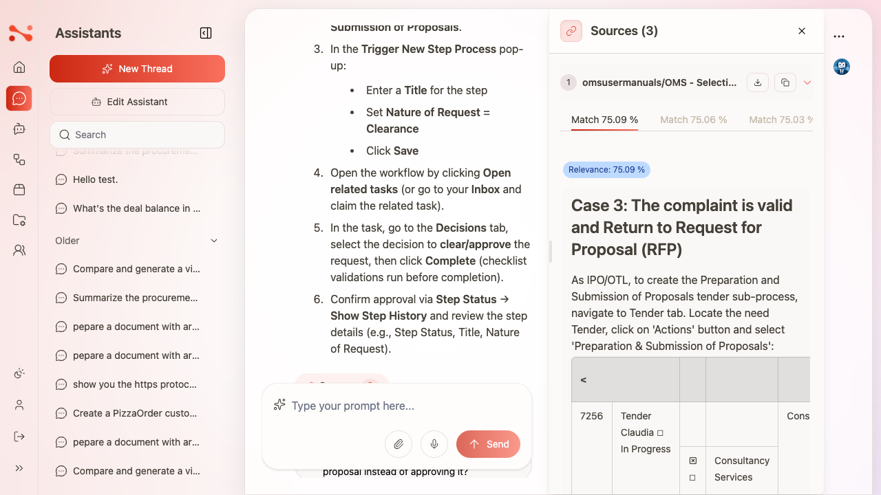Sources panel expanded showing document path, relevance score, and quoted text