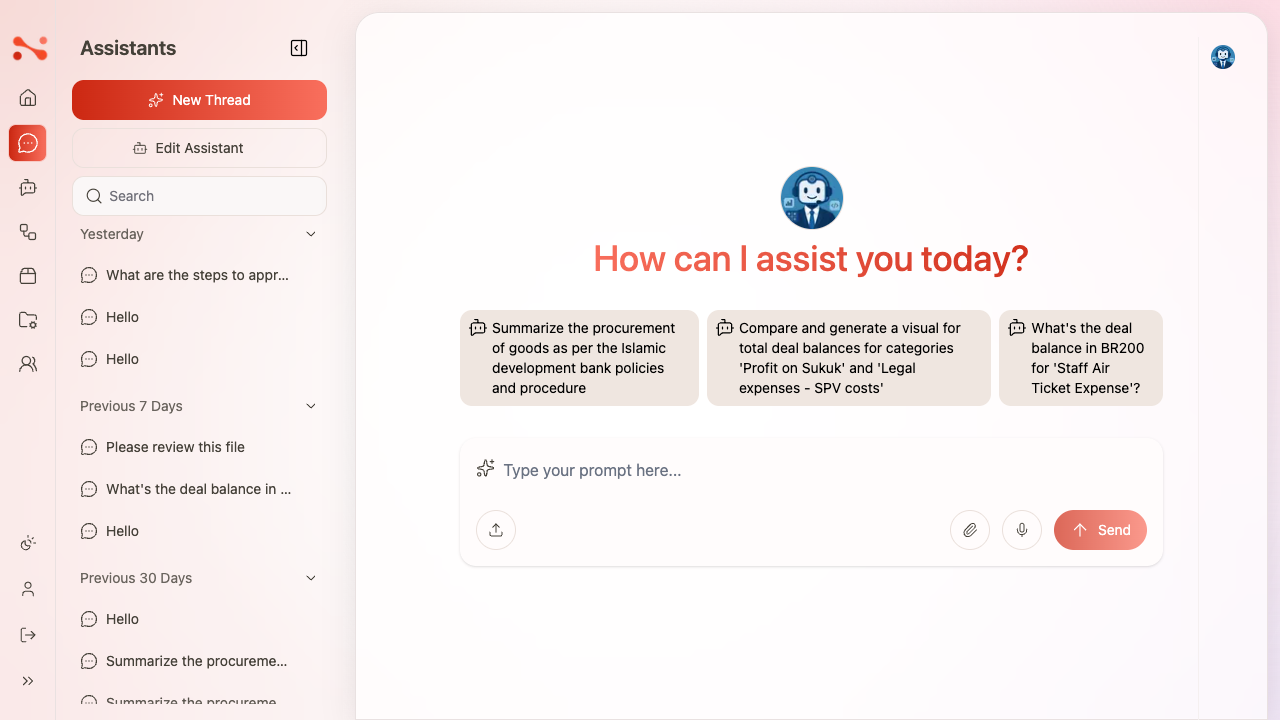 New chat empty state — assistant avatar, 'How can I assist you today?' heading, starter chips, and disabled Send button