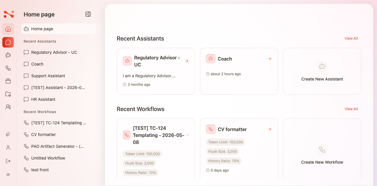 Home page Recent Assistants and Recent Workflows sections with cards and View All links