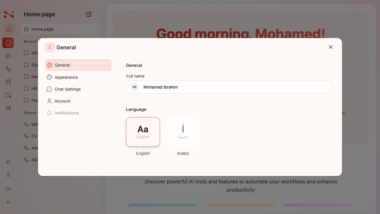 Profile dialog General tab showing English and Arabic language cards, with English selected (red border)