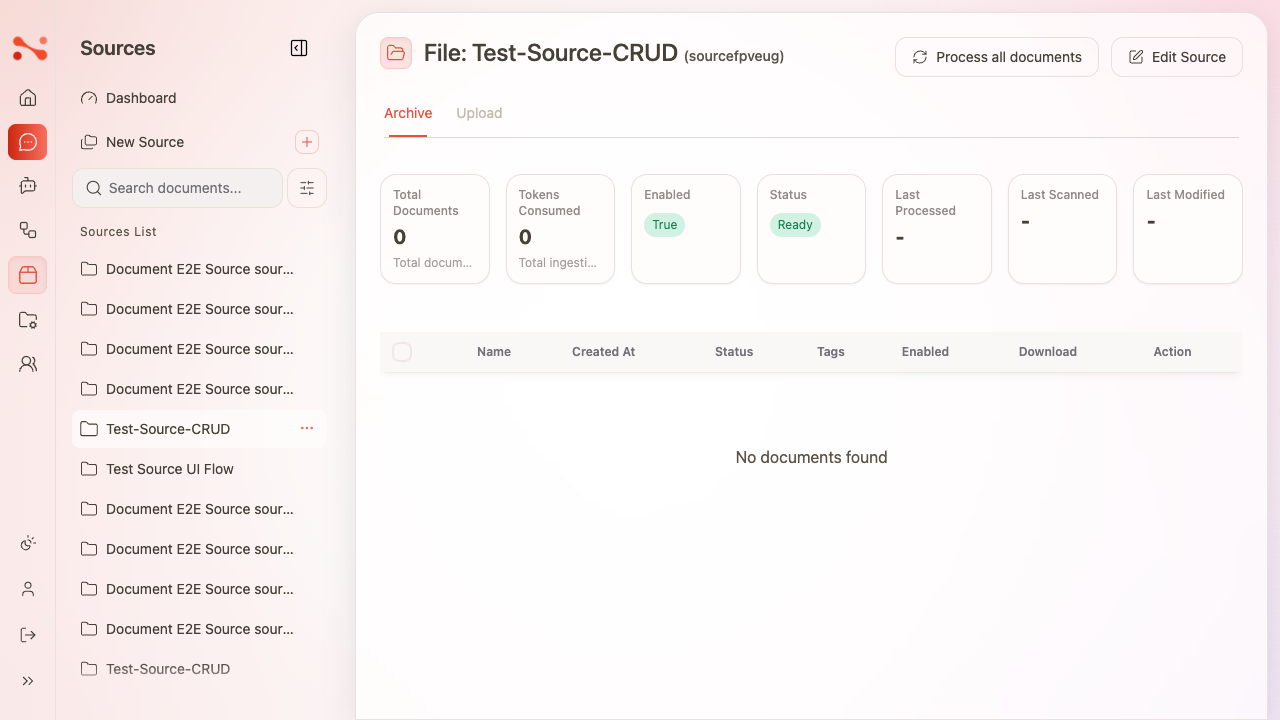 Source detail Archive tab with no documents — stats show zeros and 'No documents found' in the table