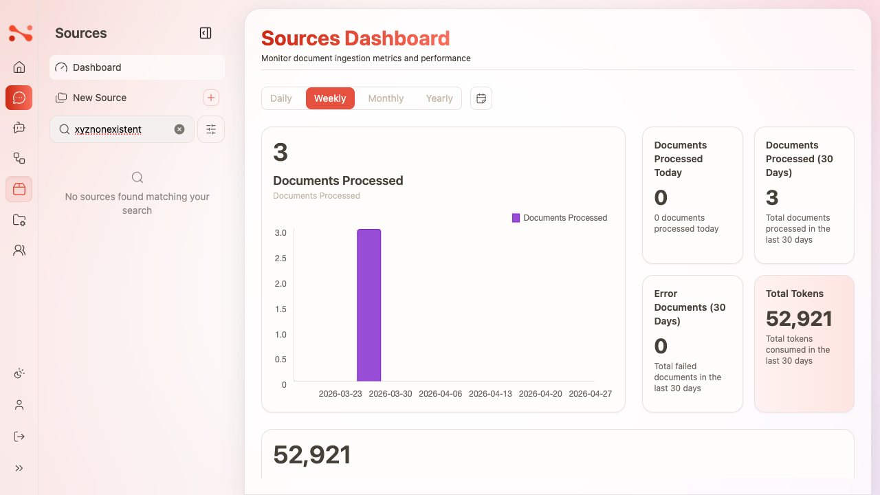 Sources sidebar search with no results — magnifying glass icon and 'No sources found matching your search'