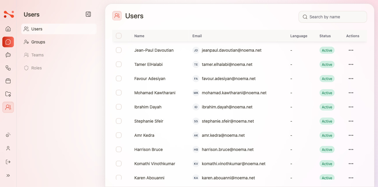 Users management list showing Name, Email, Language, Status, and Actions columns