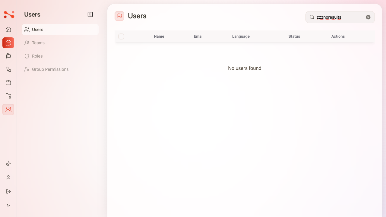 Users table with no results — 'No users found' shown in the table body