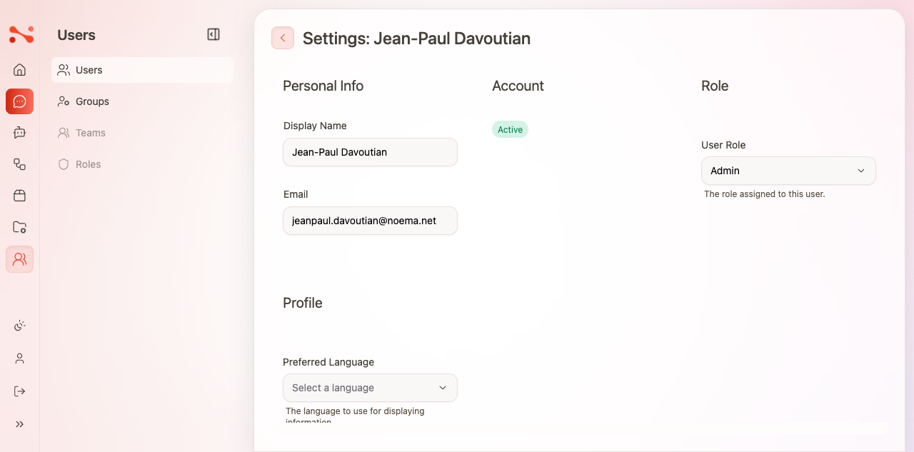 User Settings page showing Personal Info, Account, Role, and Profile sections with Update User button