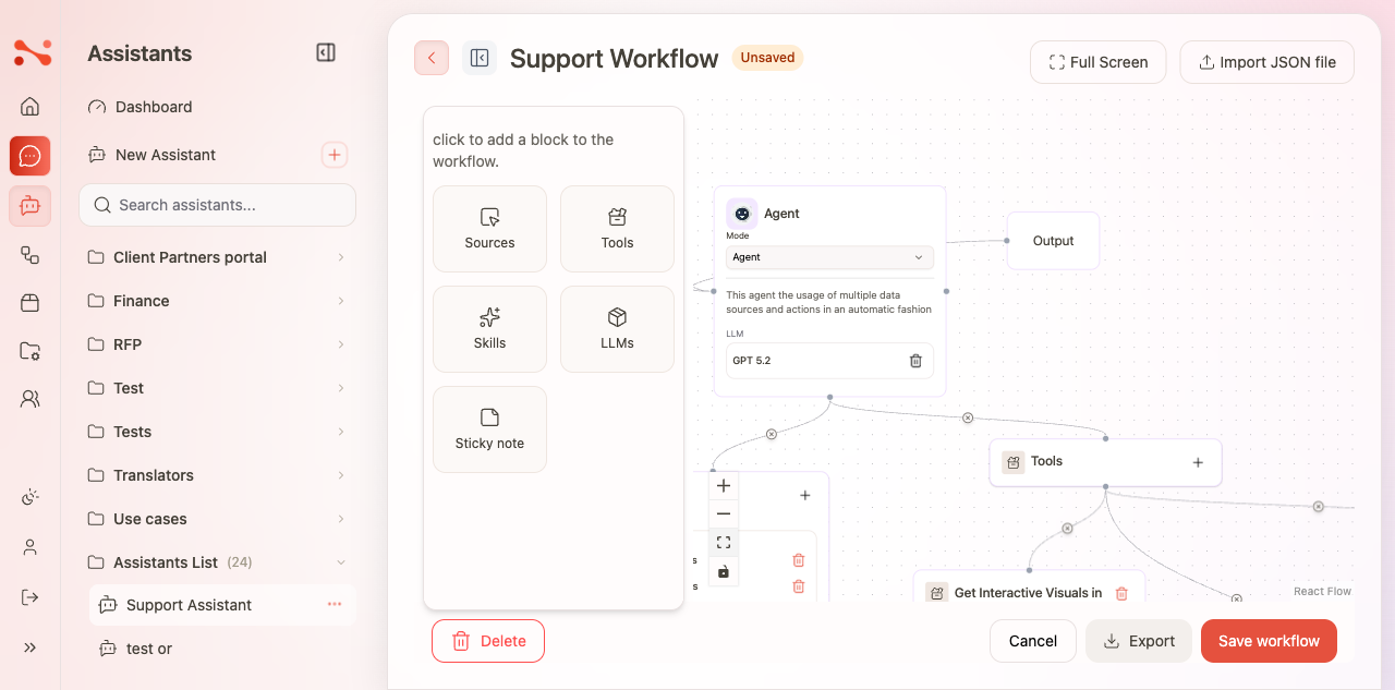 Assistant workflow node in Agent mode — Mode dropdown set to Agent, with LLM and prompt fields visible