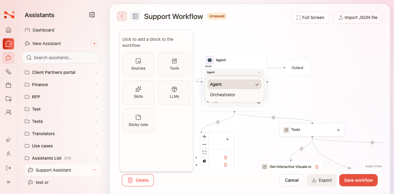 Mode dropdown on an assistant workflow node showing Agent and Orchestrator options