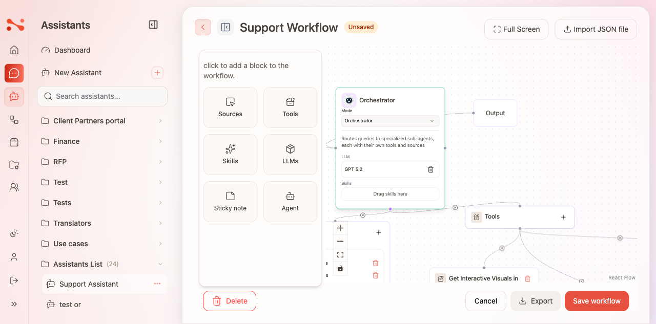 Assistant workflow node switched to Orchestrator mode — left panel adds an Agent block for creating sub-agents