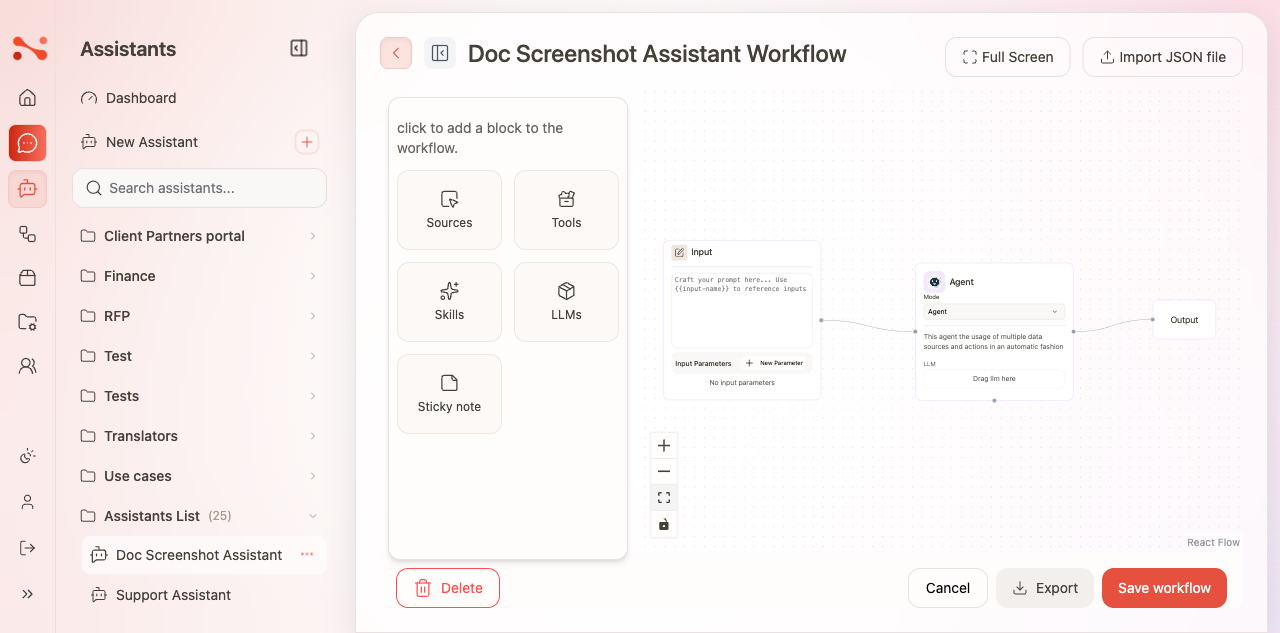 Assistant workflow editor showing Sources, Tools, Skills, LLMs, and Sticky note — no Components panel