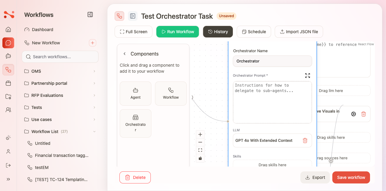 Orchestrator node in a standalone workflow — showing Orchestrator Name, Prompt, LLM, and Skills fields