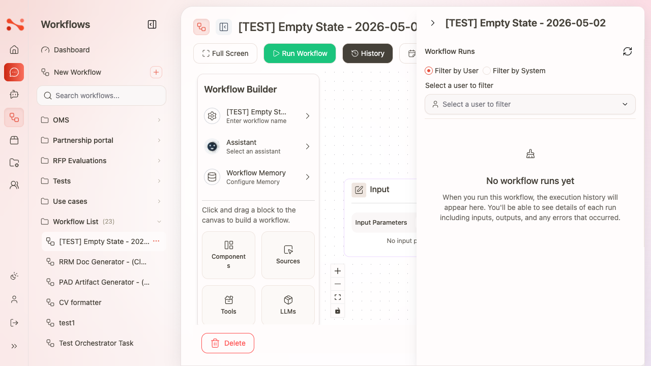 Workflow History panel empty state — 'No workflow runs yet' heading with explanatory text and filter controls