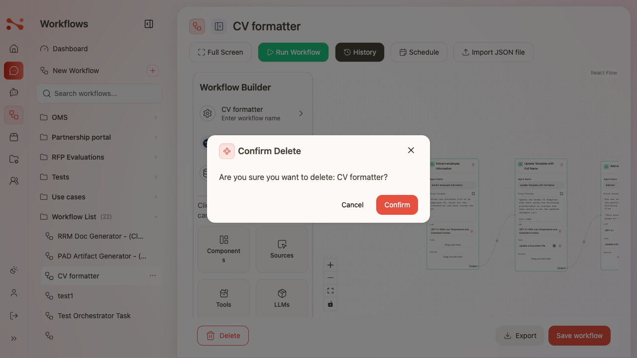 Delete workflow confirmation modal