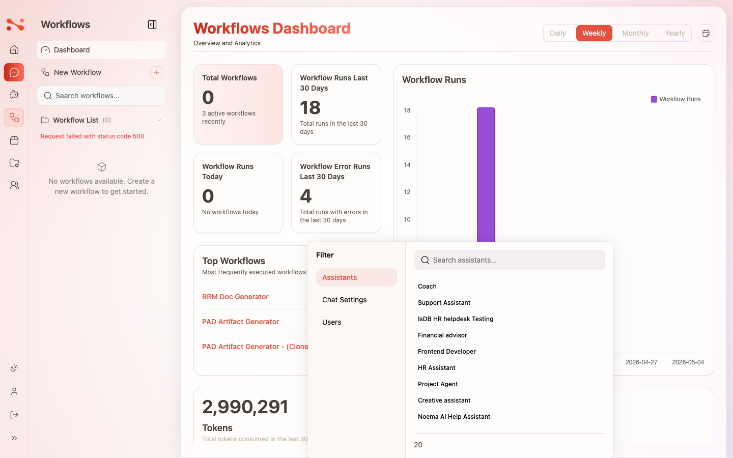 Workflow runs table with filter controls for workflow, user, and date range