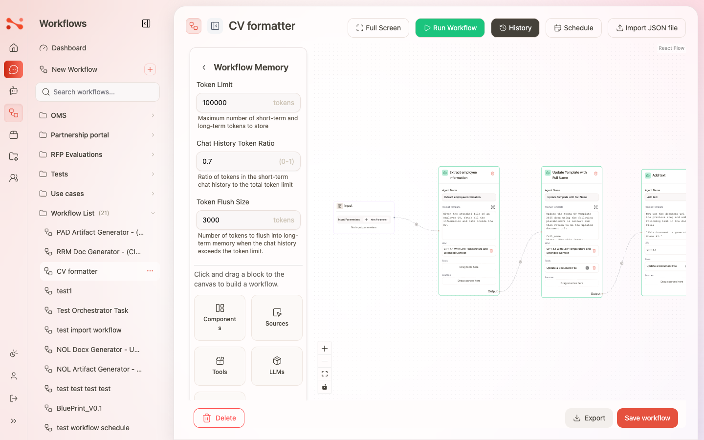 Workflow Settings panel showing Token Limit, Chat History Token Ratio, and Token Flush Size fields